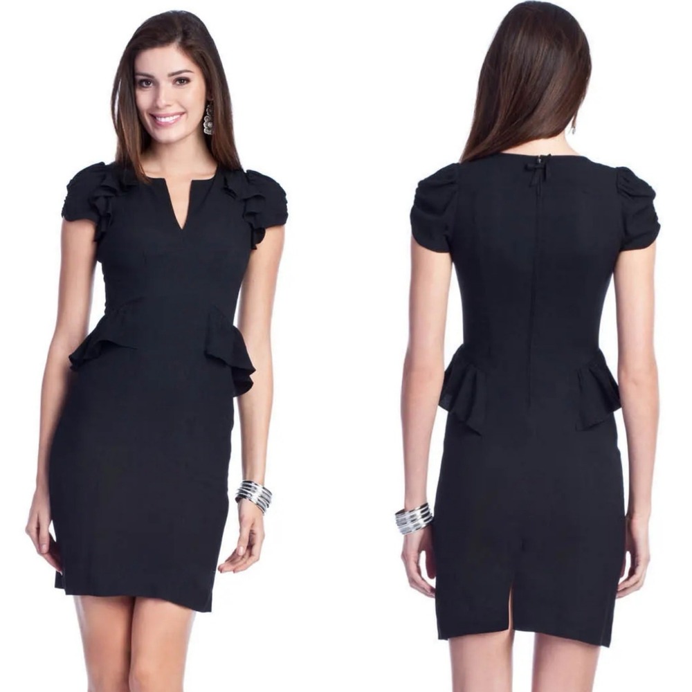 Rebecca Taylor Black Daria Peplum V Neck Fluttler Sleeve Mini Dress - 4‎